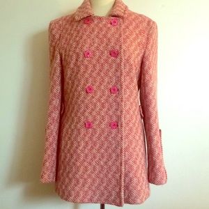 Coach Pink and White Tweed Wool Pea Coat Large